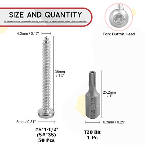 Hilitchi H-4543 50 Pcs #8 X 1-1/2 Inch Stainless Steel Button Head Torx Sheet Metal Screws Security Silver Screws Anti-Theft Tamper Proof thumb #1