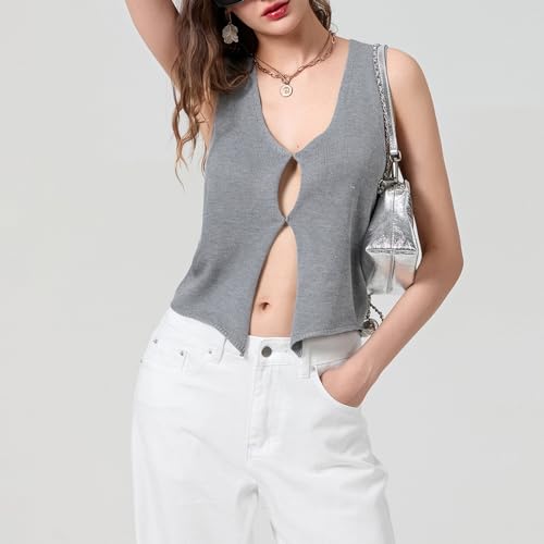 Image of Crochet Knitted Vest for Women Vintage Y2K Hollow Out Button Down Cardigan Retro Crochet Knit Tank Vest