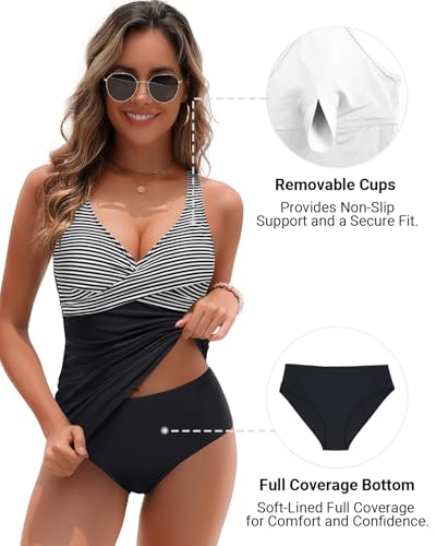 Image of Yonique Plus Size Tankini Swimsuits for Women Blouson Tankini Tops with Swim Shorts Two Piece Bathing Suits