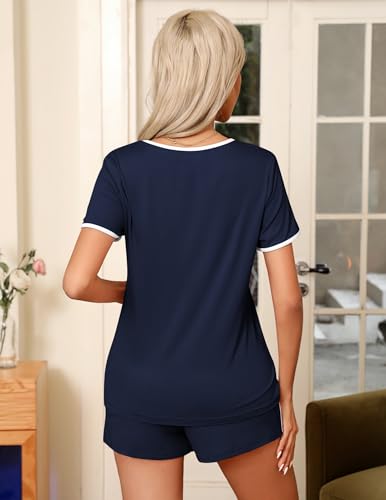 Image of Ekouaer Pajama Set for Women 2 Piece Lounge Set Short Sleeve Tops and Shorts Soft Sleepwear, Chest Pocket