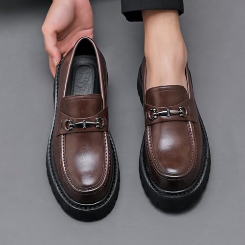 Image of Mens Patent Leather Slip-On Platform Dress Horsebit Loafer Low Heels Round Toe Non-Slip Penny Shoes for Formal Business Wedding