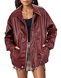 Faux Leather Jacket Women Brown Pleather Bomber Jacket Oversized Leather Blazer Motorcycle Jacket Biker Jacket Winter Coat Wine Red M
