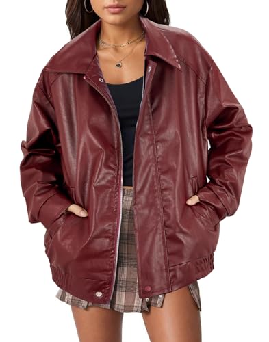 Womens Faux Leather Jacket Winter Bomber Vintage Pleather Jacket Oversized Leather Blazer Motorcycle Jacket Biker Jacket Coat Wine Red S