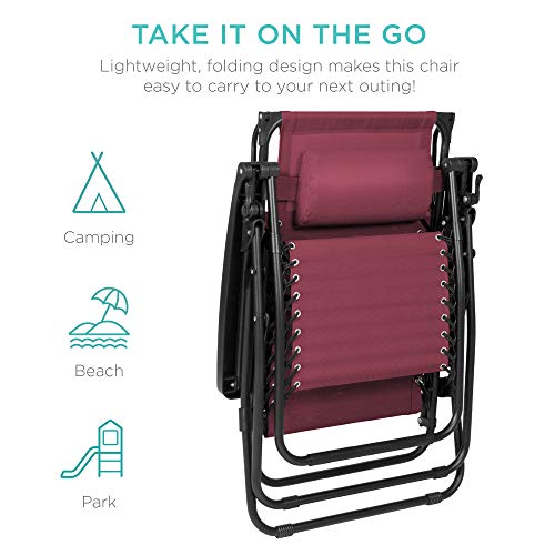 Best Choice Products Folding Zero Gravity Outdoor Recliner Patio Lounge Chair W/Adjustable Canopy Shade, Headrest, Side Accessory Tray, Textilene Mesh - Burgundy #TOP5