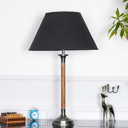 Image of Waldorf Wood and Metal Table Lamp with Black Cotton Shade | Modern Designer Bedside & Living Room Decorative Table Light (Bulb Included)