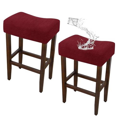 Image of Waterproof Saddle Bar Stool Covers Set of 2 14X18Inch Stretch Rectangle Burgundy Barstool Covers Counter 2 Pack Jacquard Washable