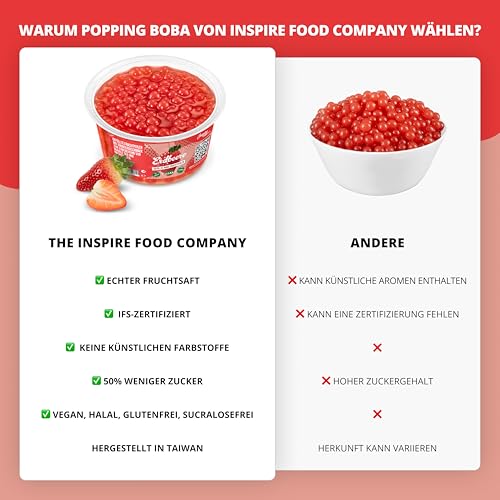 INSPIRE FOOD Bubble Tea Perlen Erdbeere für Bubble Tea | Popping boba Perlen, Tapioka Fruchtperlen und Boba Perlen - 100% vegan und glutenfrei, ohne künstliche Farbstoff, 450g