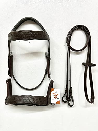 AMAZING HORSE STUFF Sidepull Bitless Bridle with Designer Hand Carving On Brow & Noseband Curved Shaped Brown (Full, Cob, Pony) (Cob)