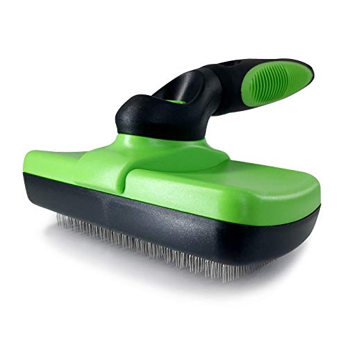 FIOVIEL Self Cleaning Slicker Brush for Dog and Cat, Pet Brush for Shedding and Deshedding Tool, Grooming Loose Undercoat, Gently Removes Long and Loose Undercoat, Mats and Tangled Hair (Green)