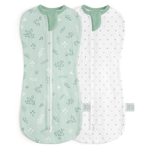 Baby Swaddle 0-2 Months Cotton Arm-In Zipper Sleep Sack Wearable Blankets Wrap for Newborn Infant Girls Boys (Green Leaves Polka Dots Pack of 2)