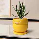 GeLive 4 Inch Yellow Duck Plant Pot Ceramic Planter with Drainage Tray Indoor Plants Succulent Pot Tabletop Organizer Decor Pen Holder Cartoon Statue Unique Gift