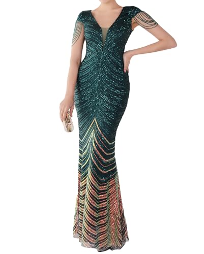 Image of houstil Formal Dresses for Women Sequin 1920s Full Length Evening Party Gown Great Gatsby Cocktail Wedding Dress
