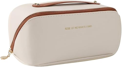 TTPSRY Große Kapazität Kosmetiktasche Tragbare Reise Make Up Tasche wasserdichte PU Leder Schminktasche oder Kulturbeutel Waschtasche Damen(Braun weiß)