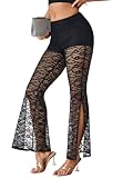 Rooscier Women's Floral Lace Sheer Slit High Waist Flared Sexy Maxi Pants with Under Shorts Black Large
