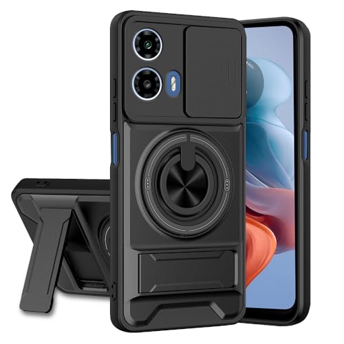 Image of Moto G34 5G / G45 5G Back Cover | Armor Camera Slider 360 Degree Rotating Finger Ring Holder Case with Bracket Stand Back Case Cover (Compatible with MagSafe Accessories) (Black)