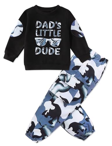 Image of Gaupafmb Toddler Boy Clothes Black Long Sleeve Letter Print Sweatshirts and Camouflage Pants Toddler Boy Fall Outfits