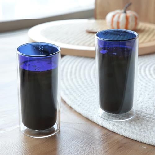 Image of The Better Home Coloured Double Wall Glass Cup (2Pcs - 250ml) | Drinking Glass | Water Glass Cup Set | Glass Tea Cups | Tea Glass | Glass for Water | Drinking Glass (Blue)