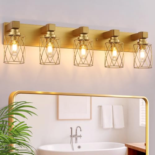 Image of Bathroom Light Fixtures, 5 Light Brushed Gold Wood Vanity Lights