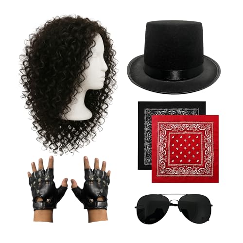 EverJoy Party Adult Rockstar Costume Set Afro Wig Hat Knuckle Gloves Red and Black Bandana and Sunglasses for Halloween Cosplay Dress-Up Events and 80s Costumes