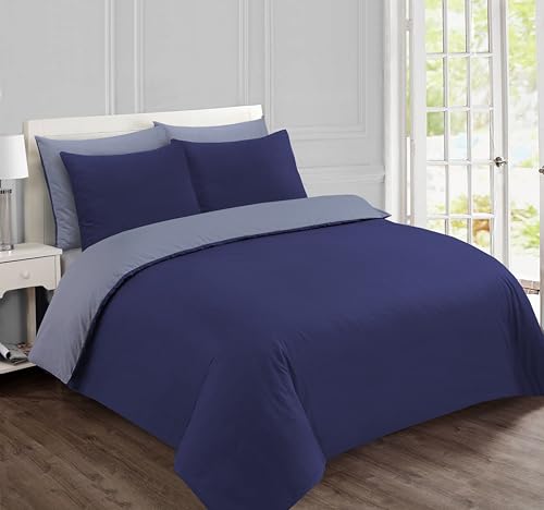Vision Juego de Ropa de Cama Reversible 100% Algodón para Cama Doble - Azul Marino Gris | 1 Funda de Edredón (155x220 cm) + 2 Fundas de Almohada (80x80 cm) | 57 Hilos/cm² | Suave y Cómodo |