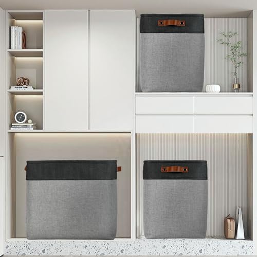 Image of DULLEMELO Grey Storage Baskets for Organizing 3 Pack Fabric Shelf Baskets for Gifts Empty Large Storage Organizer for Closet,Clothes,Toys,Bedroom (Black&Grey)