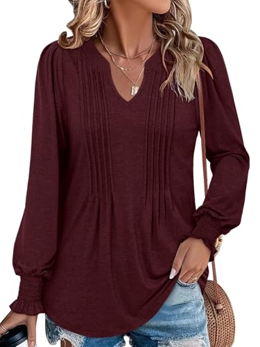 BETTE BOUTIK Long Sleeve Shirts for Women Fall Tops Dressy Blouses Pleated V Neck Tunic Tops for Leggings S-3XL