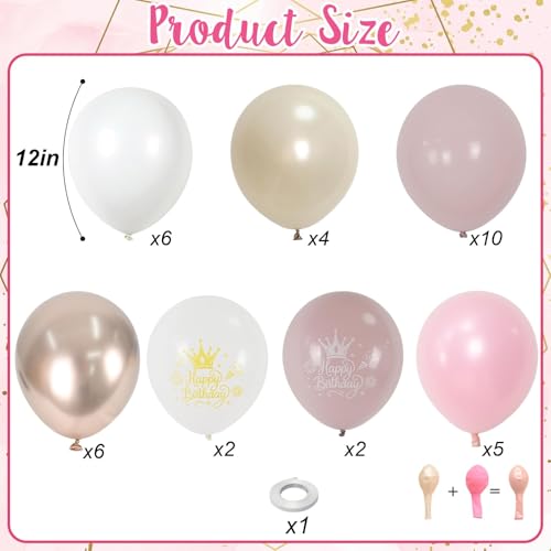 Image of Dusty Pink Beige Gold Birthday Balloons for Women Girls, Double Stuffed Pearl Light Pink Dusty Rose Sand White Cream Printed Balloons with Metallic Light Gold Balloon for Boho Neutral Birthday Party