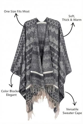 Image of Bestshe Women's Boho Open Front Poncho Plaid Shawl Wrap Cape | Tassel Cardigan Sweater, Cozy Layering, Fall Winter Clothes for Women