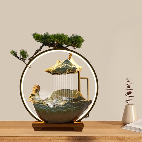 REHOUPTU Tabletop Water Fountain, Indoor Decoration Ornament, Desktop Water Fountain Decoration, Flowing Ornaments with Mist & Backflow Incense Holder for Meditation Planting