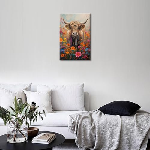 Toile murale fleurs et vache 45x30 cm tableau cadre bois nature - 3