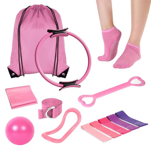 Pilates Ring and Ball Set, 13 Pcs Home Pilates Kit with 13” Circle Yoga Ring 6 Resistance Bands 9.8” Pilates Ball, Accessories, Pilates Essential Kit for Women Girl Home Workouts Beginners Toning