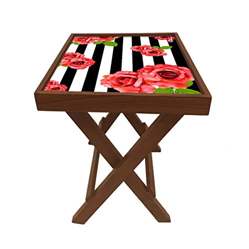 Image of Nutcase Designer Teak Wood Side Table Folding Wooden Bedside Coffee Outdoor Picnic Table - Black Stripes Floral