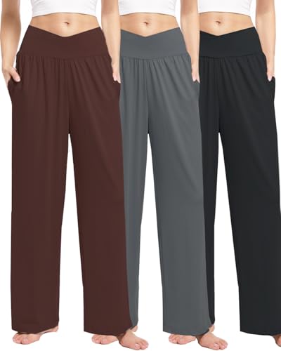 Image of Kivdol 3 Pack Womens Wide Leg Yoga Pants Crossover High Waisted Casual Loose Lounge Sweatpants with Pockets