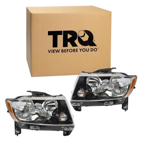 Image of TRQ Driver and Passenger Side Headlight Assembly Set Black Bezel without Projector Headlights Compatible with 13-17 Jeep Compass