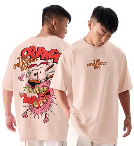 Image of Darkbuck Oversized Tshirt for Men and Women Drop Shoulder Loose Baggy Fit Peach Unisex Pure Cotton T-Shirt Courage The Cowardly Dog