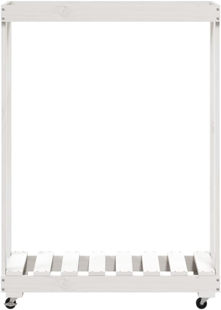Solid Wood Log Holder with Wheels, Firewood Rack for Fireplace Storage Room, Firewood Carrier for Fireplace, Fire Pit, White 30.1"x15.7"x42.5" Solid Wood Pine, -447
