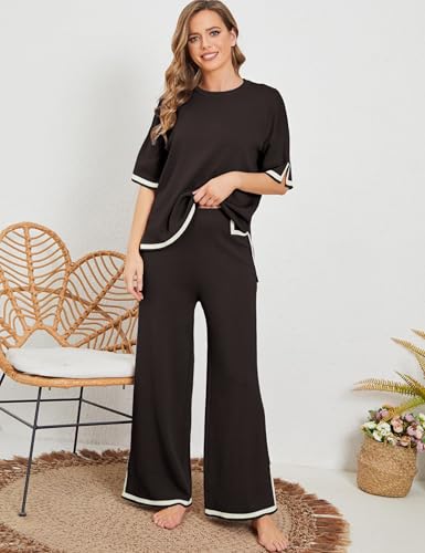 Image of Tanming Sweater Sets Women 2 Piece Lounge Sets Short Sleeve Knit Pullover Tops Wide Leg Pants