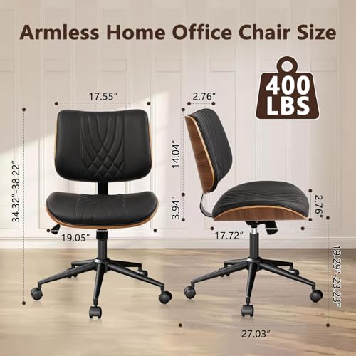 Image of CLATINA Office Desk Chair, Armless Home Chair with Wheels, Adjustable Height Reading Chair, Leather Mid Back & Swivel Computer Chair, Modern Walnut Chairs with Back for Studio Meeting Room(Black)