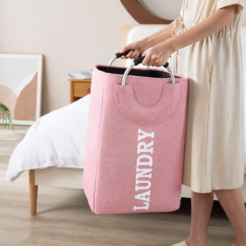 Image of DecorTwist Structured Fabric Laundry Basket with Metal Handles | 40 Litre Large Carry Basket for Clothes Toys & Storage | Foldable & Multipurpose | L40xW26xH38 cm | Pink