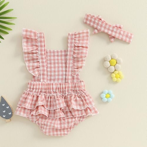 Honganda Cute Baby Girl Summer Romper Flying Sleeve Backless Goose Embroidery Plaid Bodysuit Onesie with Headband4