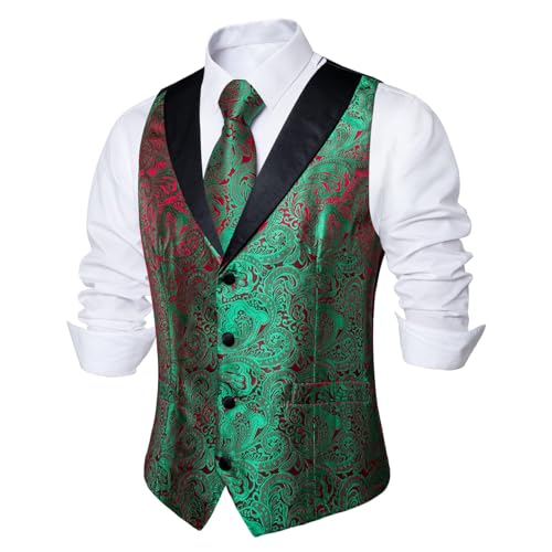 Image of DiBanGu Mens Paisley Suit Vest Silk Jacquard Waistcoat and Necktie Set Formal Shawl Collar Dress Vest 7PCS for Wedding Party