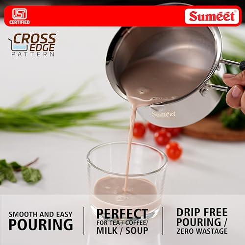 Image of Sumeet ISI Certified HeavyPly Premium Stainless Steel Small Size Cross Edge Induction & Gas Stove Friendly Saucepan /Milk Pan /Tea Maker with Lid - 600ml