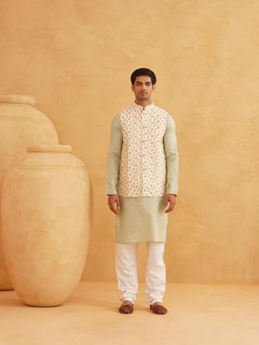 Image of SOJANYA (Since 1958 Timeless Elegance-Pista Green Kurta & Cream Nehru Jacket for The Festive Season