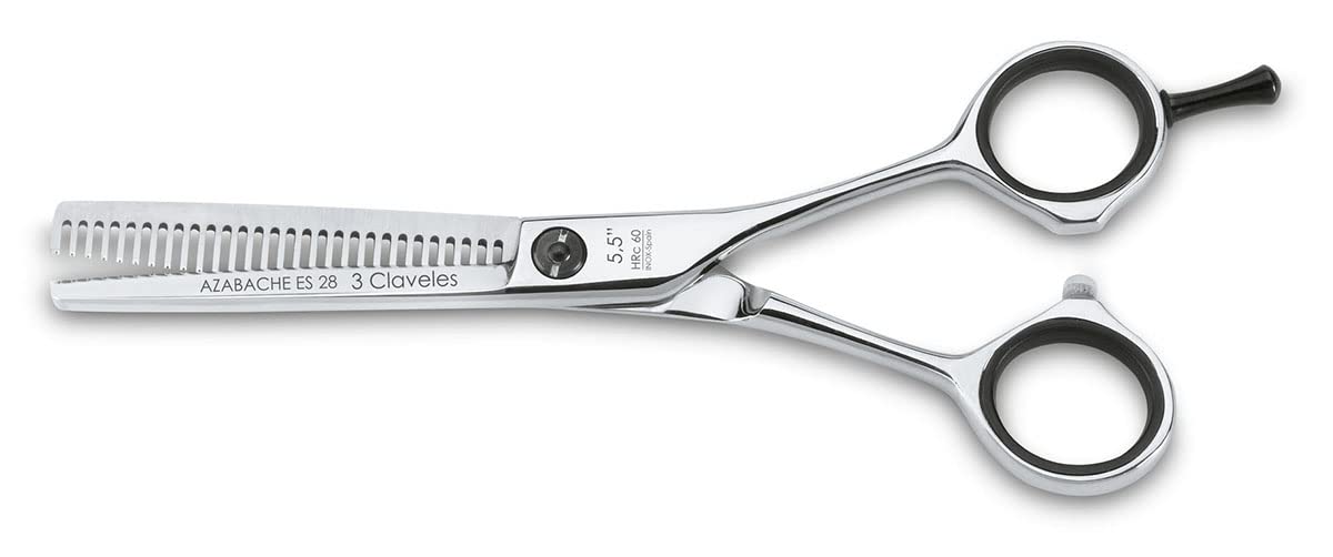 3 Claveles Azabache - Tijera de peluquería de esculpir ES28 dientes de 5.5", acero inoxidable, con apoya dedos, dedales simétricos Cranberry
