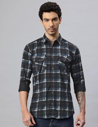 Image of Majestic Man Men's Pure Cotton Cargo Checks Shirt with Dual Flap Pockets - Slim Fit | Full Sleeve | Casual Wear | Trendy & Comfortable