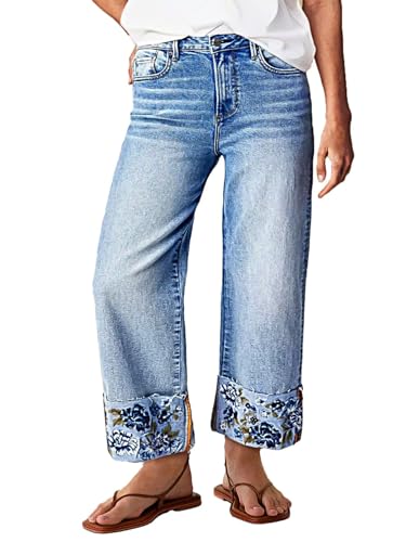 Flamingals High Waisted Straight Leg Cropped Jeans for Women Trendy Floral Embroidery Roll Raw Hem Casual Denim Ankle Pants