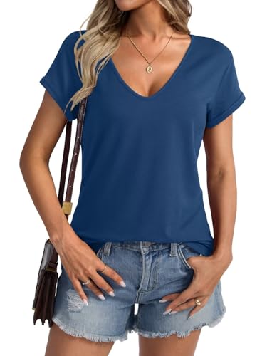 Womens Deep V Neck Short Sleeve T Shirts Casual Loose Fit Shirt Sexy Summer Tops Folded Sleeves Basic Tee 20252