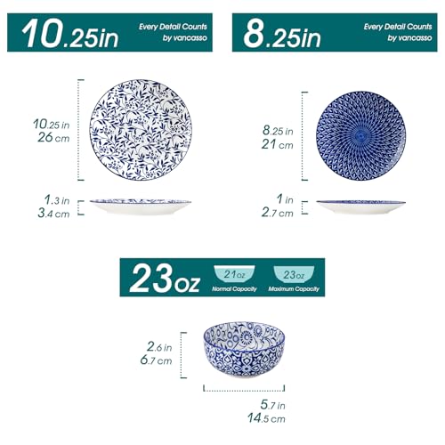 vancasso SELENE Plates and Bowls Set for 4, 12 Pieces Dinnerware Sets, Mircowave and Dishwasher Safe Dishes Set, Porcelain Blue Dinnerware