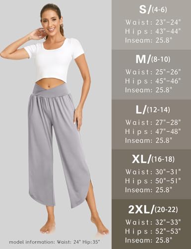 Image of TARSE Women's Wide Leg Yoga Pants Cross High Waist Flowy Split with Pockets | Comfy Lightweight Stretch, Flare Hem Cropped, Loose Dance Pants, Travel & Lounge, Everyday Casual Wear