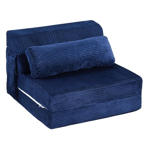 YOTATING Sofá cama plegable con almohada, silla convertible para dormir, cómodo sofá futón para adultos, silla plegable portátil para sala de estar, dormitorio, individual, azul marino